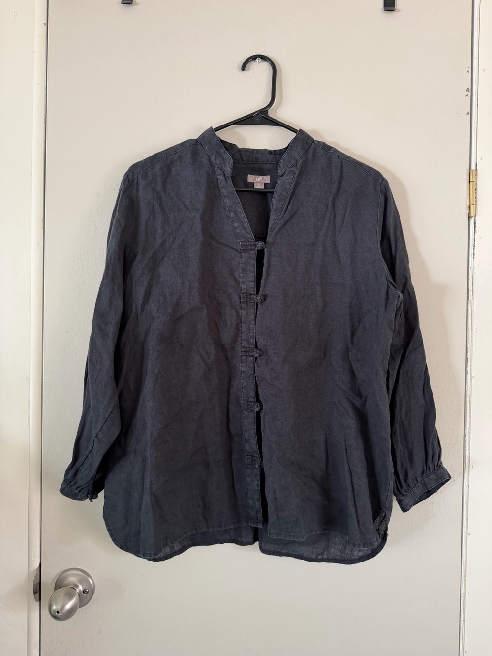 Black 100% linen Mandarin Collar Button Shirt